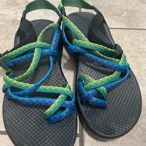 Chacos with Blue and Green Double Strap Toe Sandal